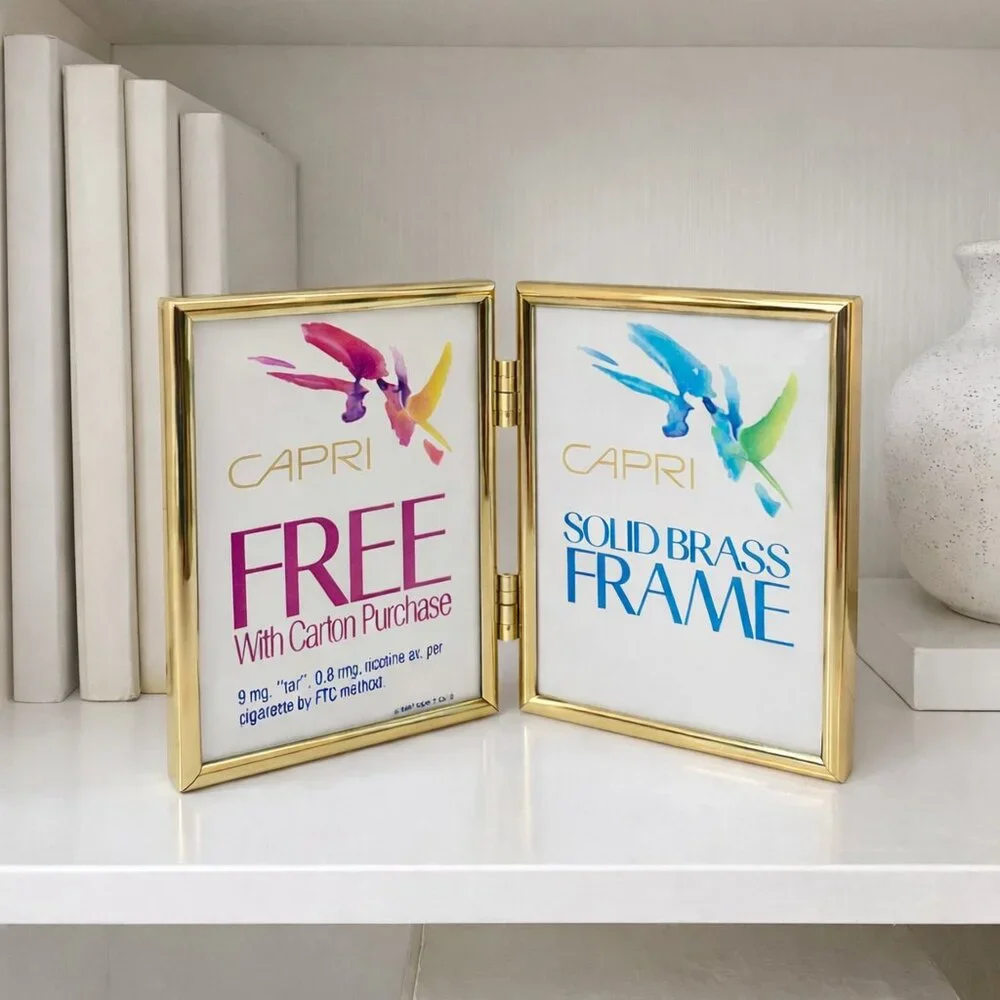 Vintage Capri Solid Brass Double Photo Frame Gold Tabletop Wall Hanging 2.5